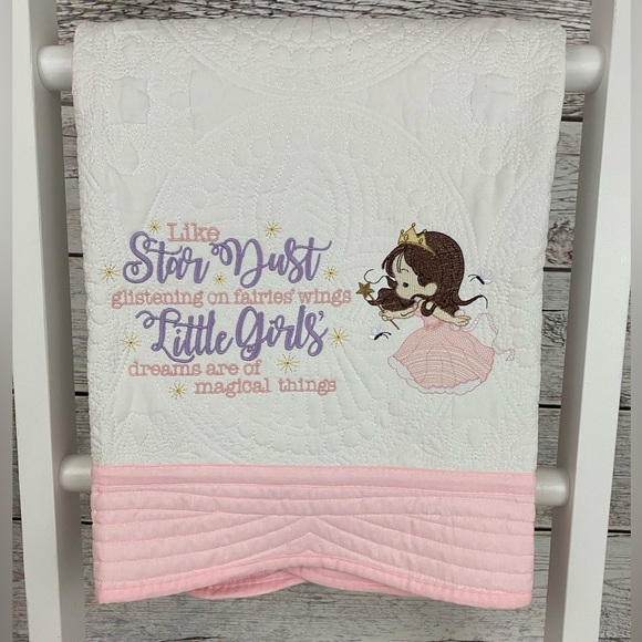 Fairy Princess Handcrafted Heirloom Baby Quilt 36x46 white with pink trim